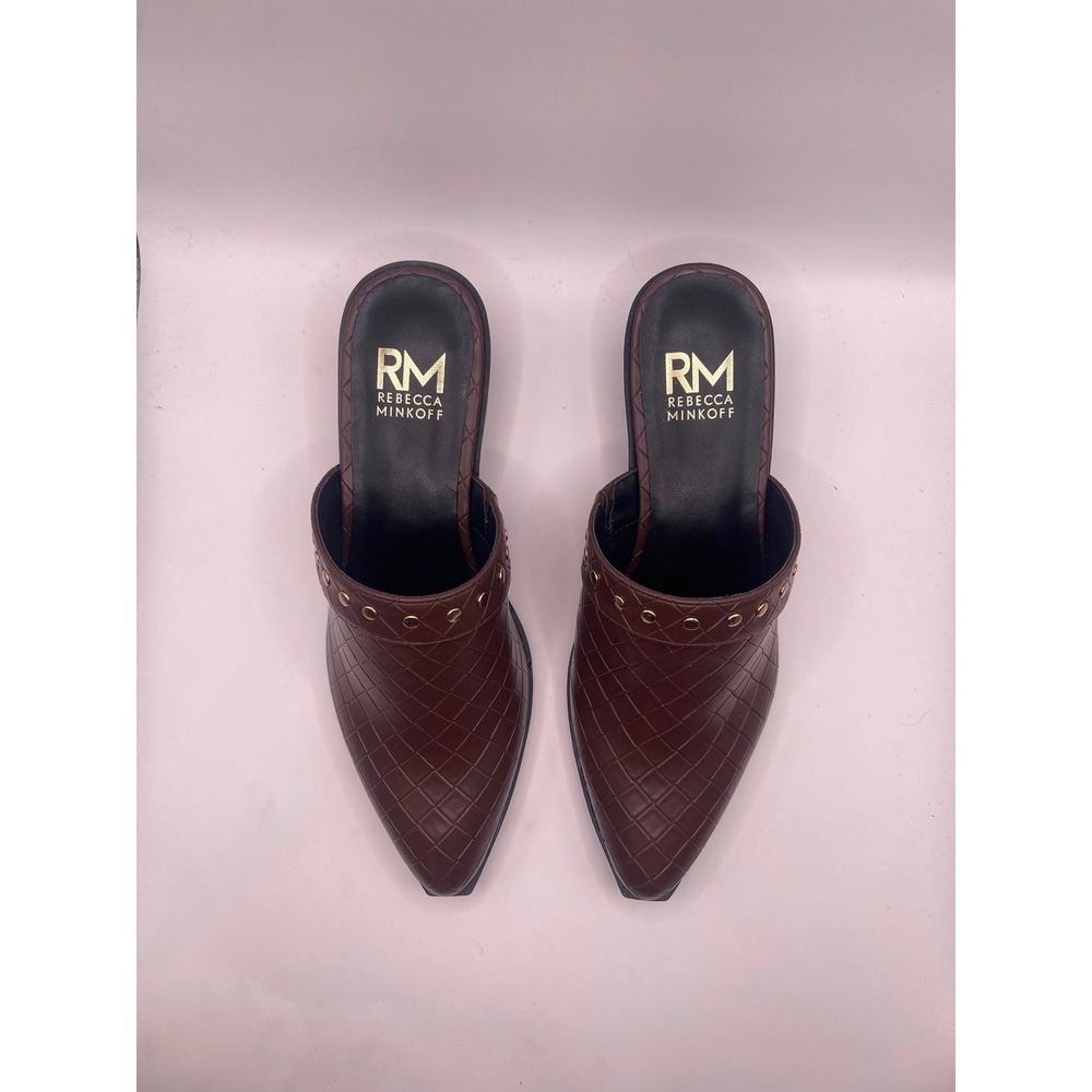 Rebecca Minkoff Barb Woven Mules Dark Brown Studded Pointed Toe Clogs 7M - Picture 3 of 7
